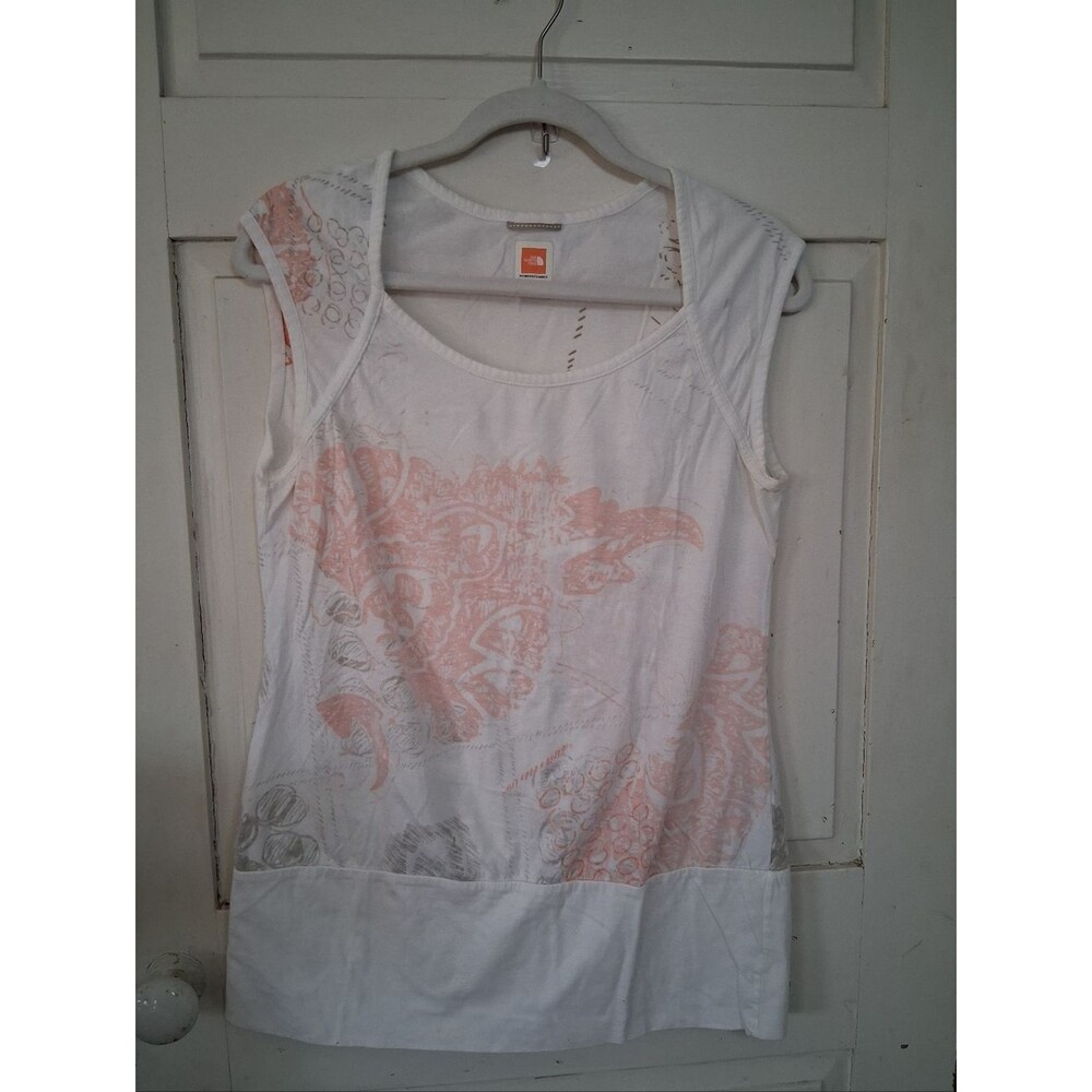 The North Face White Cotton Tank with Light Peach and Taupe Graphic Print Sz M